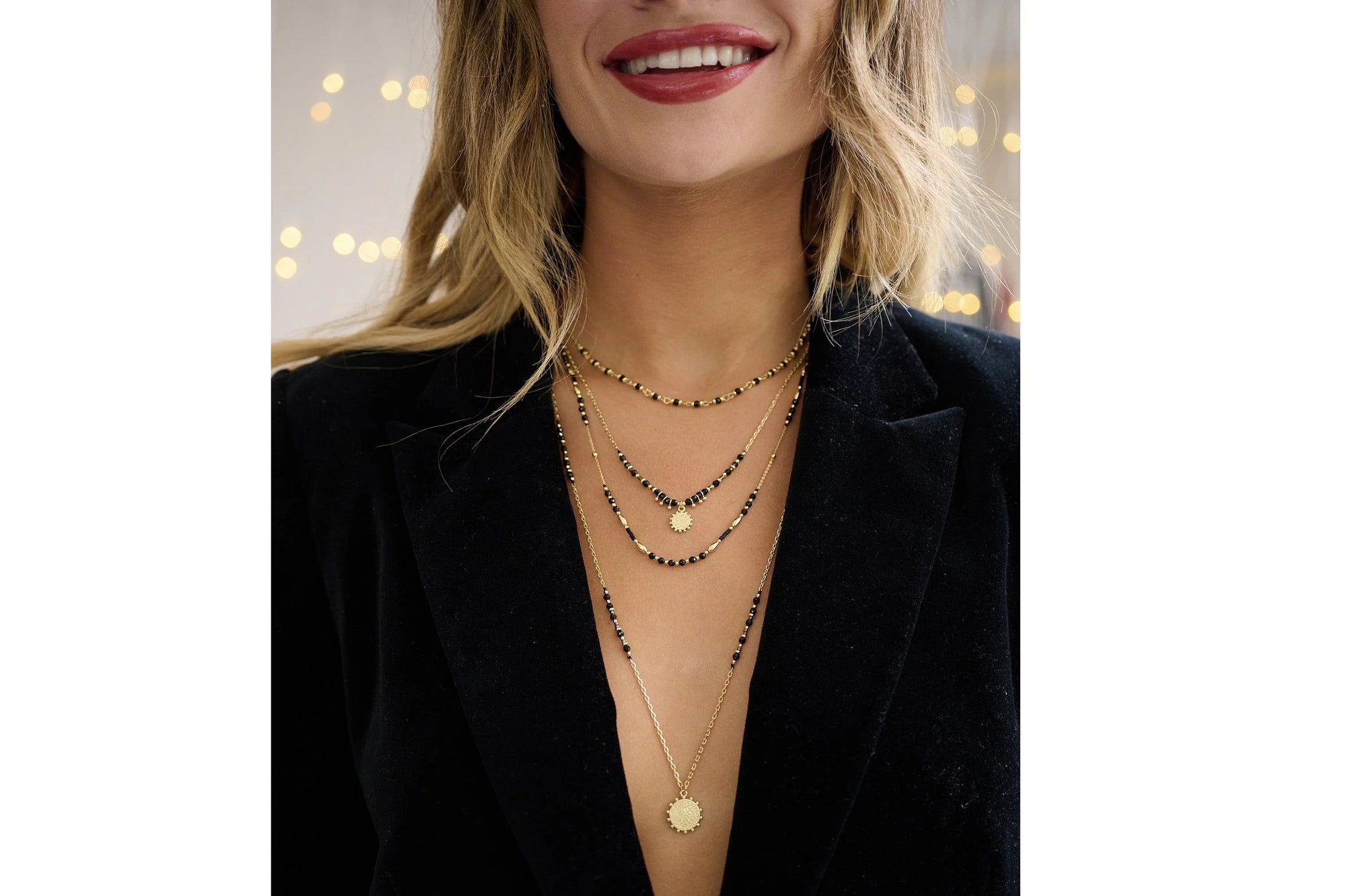 Boho Betty Flora Black Spinel Gemstone Long Gold Disc Necklace