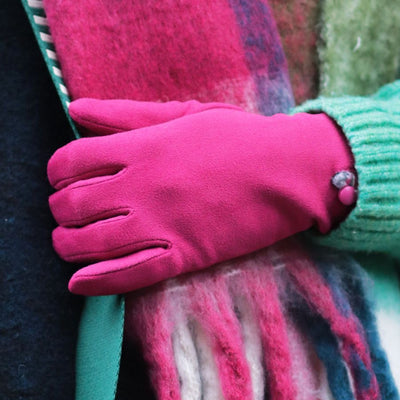 POM Bright Pink Faux Suede Fur & Button Detail Ladies Gloves