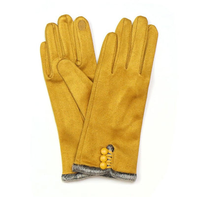 POM Mustard Faux Suede Grey Fur & Button Detail Ladies Gloves