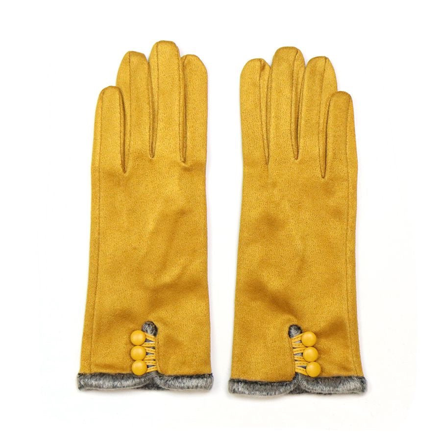 POM Mustard Faux Suede Grey Fur & Button Detail Ladies Gloves