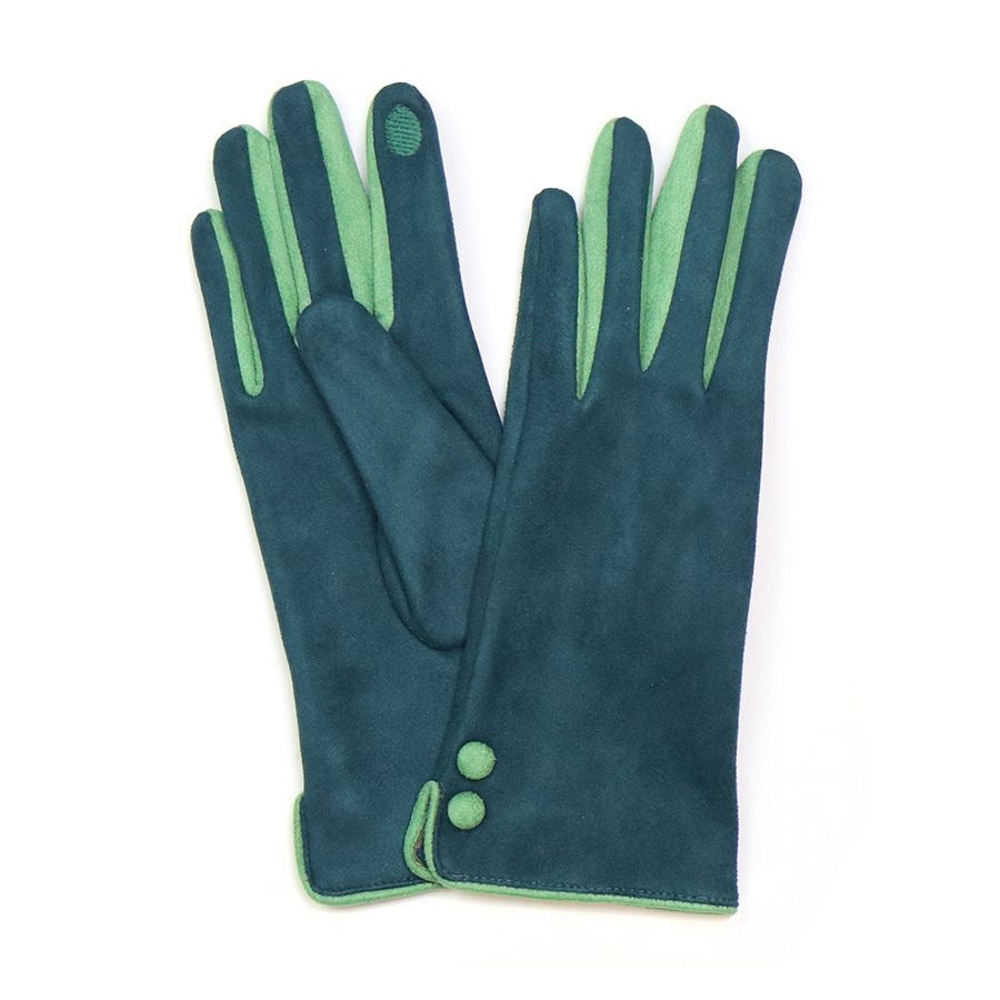 POM Teal/Aqua Blue Two Tone Faux Suede Button Detail Ladies Gloves