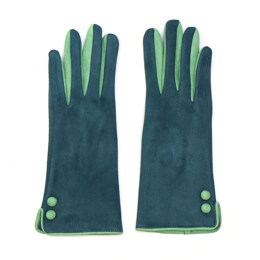 POM Teal/Aqua Blue Two Tone Faux Suede Button Detail Ladies Gloves