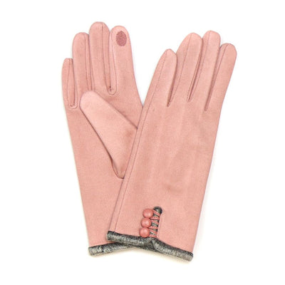 POM Pastel Pink Faux Suede Grey Fur & Button Detail Ladies Gloves