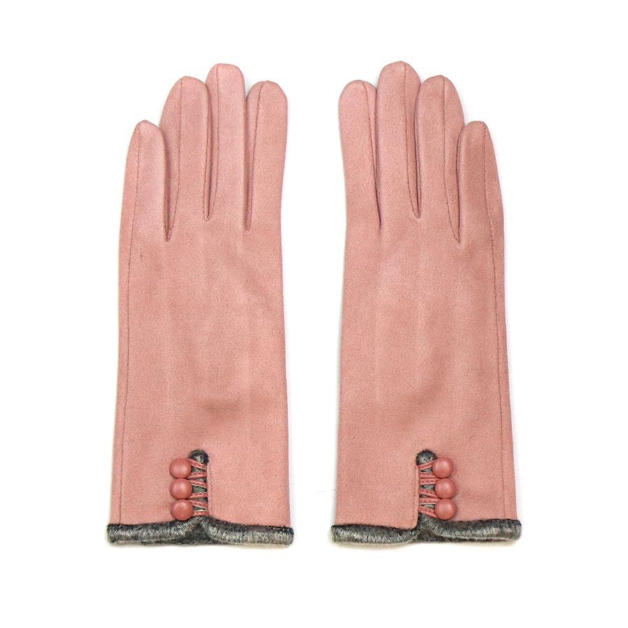 POM Pastel Pink Faux Suede Grey Fur & Button Detail Ladies Gloves