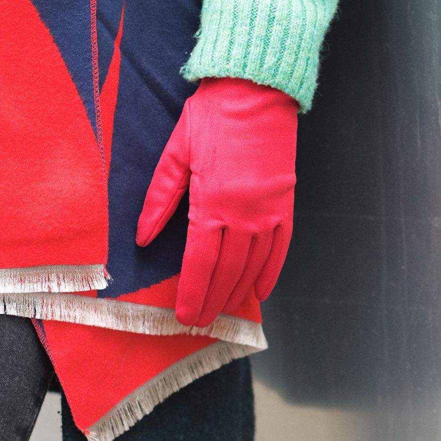 POM Crimson Red Faux Suede Grey Fur & Button Detail Ladies Gloves