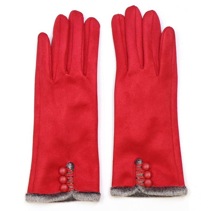 POM Crimson Red Faux Suede Grey Fur & Button Detail Ladies Gloves