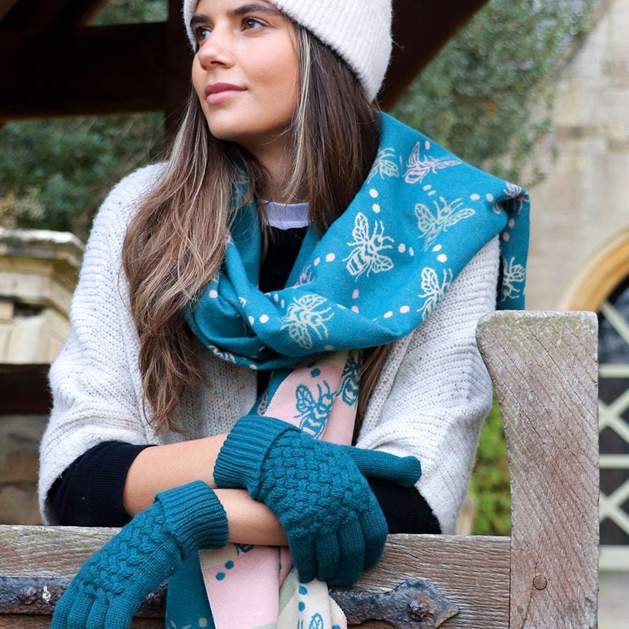 POM Teal Blue/Pale Pink Bee Reversible Jacquard Scarf