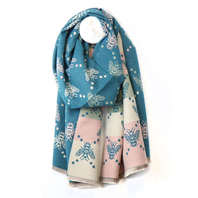 POM Teal Blue/Pale Pink Bee Reversible Jacquard Scarf