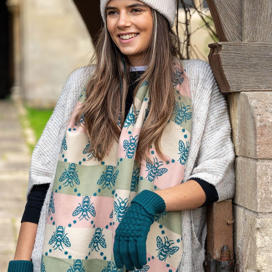 POM Teal Blue/Pale Pink Bee Reversible Jacquard Scarf