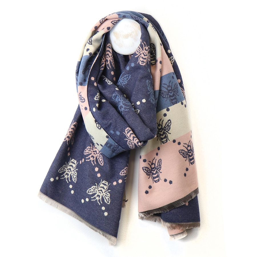 POM Navy Blue/Pale Pink Bee Reversible Jacquard Scarf