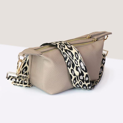 POM Fawn Vegan Leather Double Zip Bag with Animal Print Bag Strap