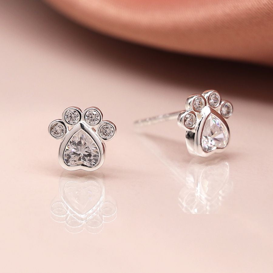 POM Sterling Silver CZ Crystal Paw Print Stud Earrings