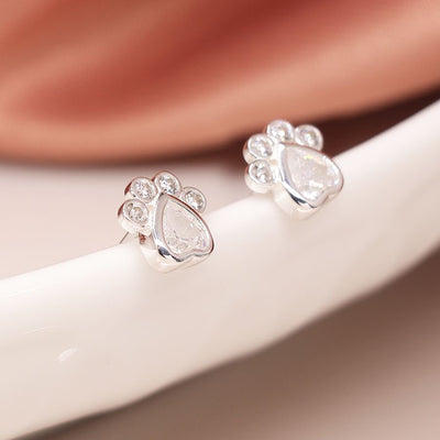 POM Sterling Silver CZ Crystal Paw Print Stud Earrings