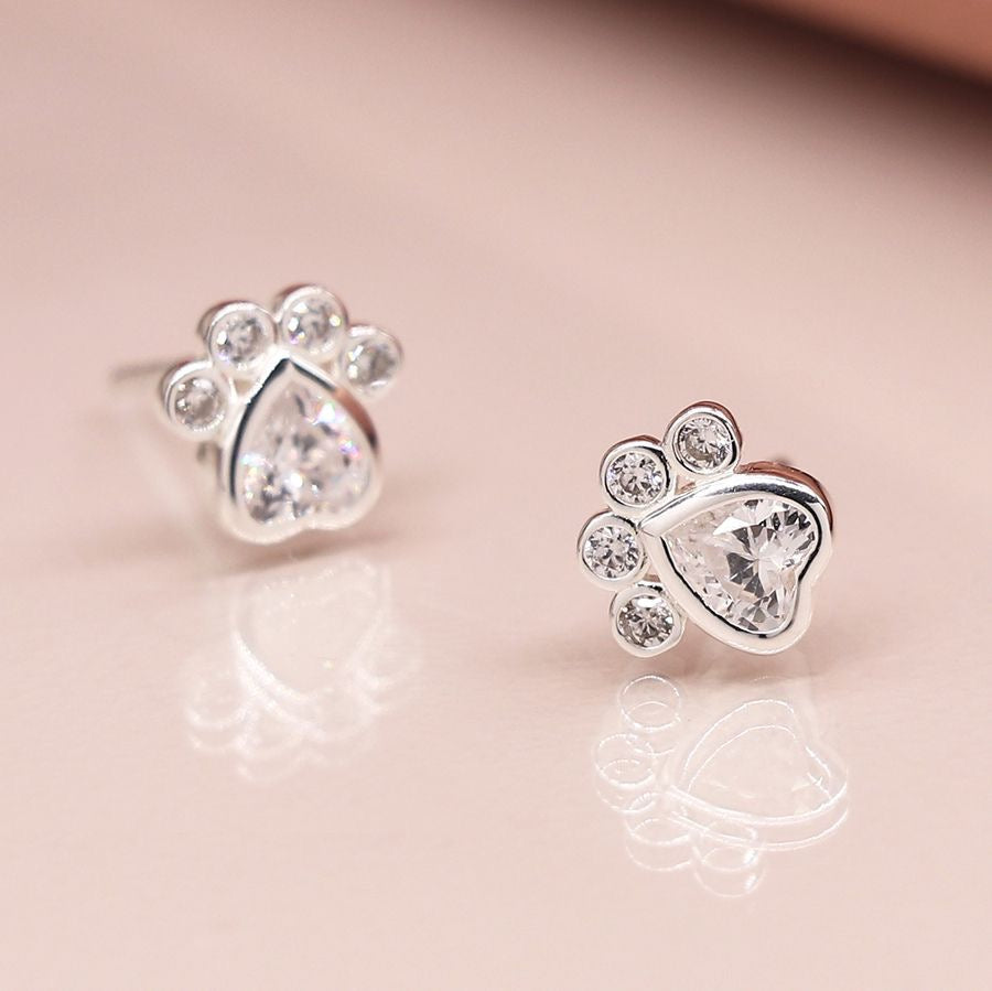 POM Sterling Silver CZ Crystal Paw Print Stud Earrings