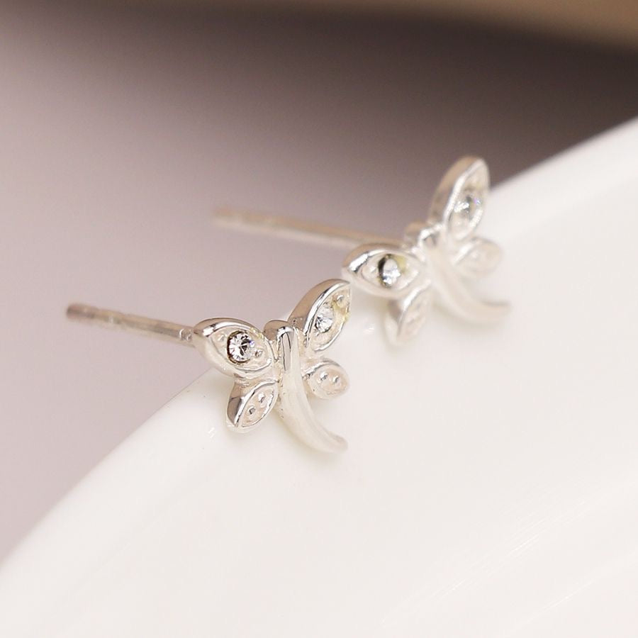 POM Sterling Silver Crystal Curved Dragonfly Stud Earrings