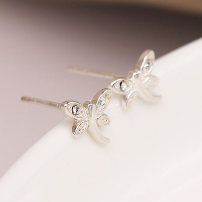 POM Sterling Silver Crystal Curved Dragonfly Stud Earrings