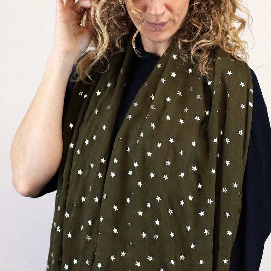 POM Silver Star Foil Scarf - Dark Pine Green