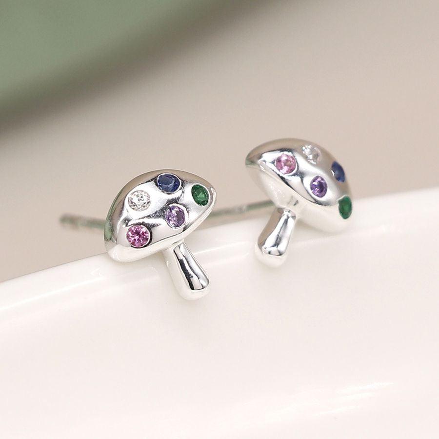 POM Sterling Silver Rainbow Crystal Mushroom Stud Earrings