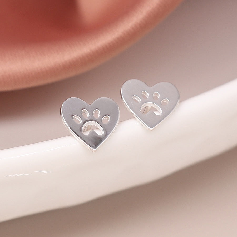 POM Sterling Silver Heart & Cut out Tiny Paw Print Stud Earrings