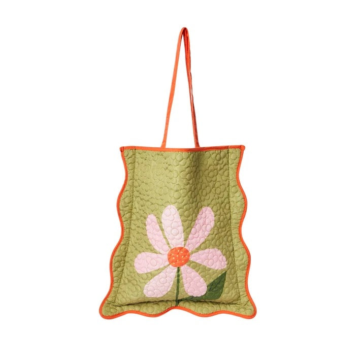 Olive Flower - Quilted and Scalloped Fabric Tote Bag - Belly Button