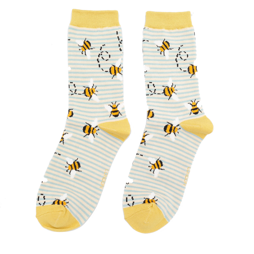 Miss Sparrow Bamboo Ankle Socks - Bees Stripes - Duck Egg Blue & Cream