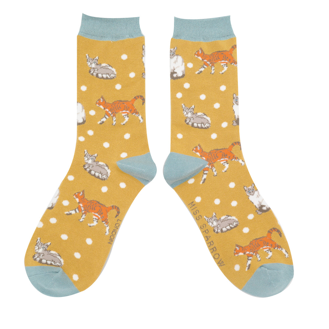 Miss Sparrow Bamboo Ankle Socks - Cats & Spots - Mustard