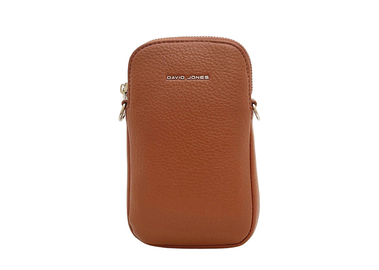 David Jones Phone Crossbody Handbag - Cognac Tan (Silver fittings)