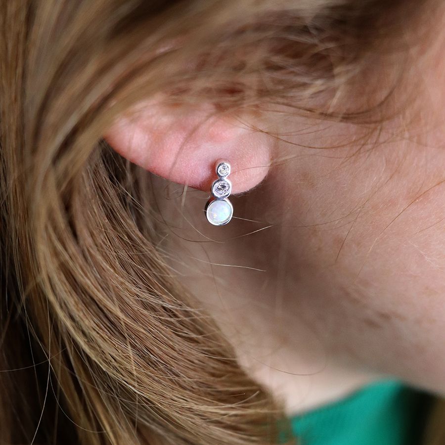 POM Sterling Silver, White Opal & Diamante Triple Circle Stud Earrings
