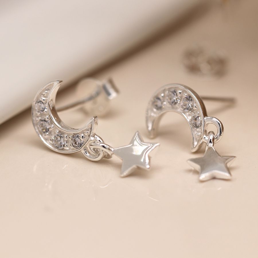 POM Sterling Silver Pave Crystal Half Moons With Dangly Star Stud Earrings N