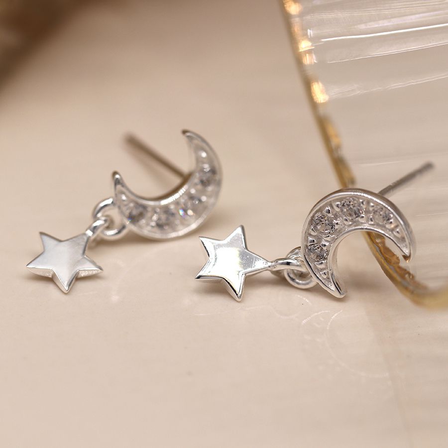 POM Sterling Silver Pave Crystal Half Moons With Dangly Star Stud Earrings N