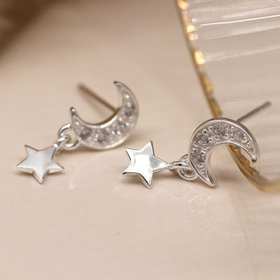 POM Sterling Silver Pave Crystal Half Moons With Dangly Star Stud Earrings N