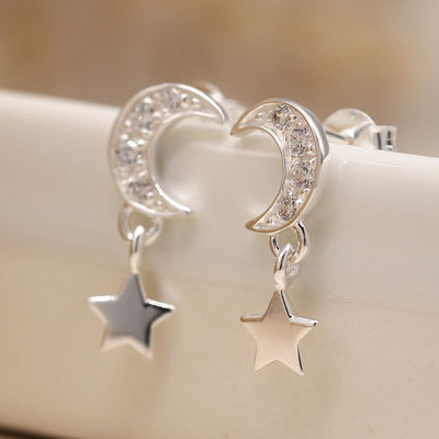 POM Sterling Silver Pave Crystal Half Moons With Dangly Star Stud Earrings N