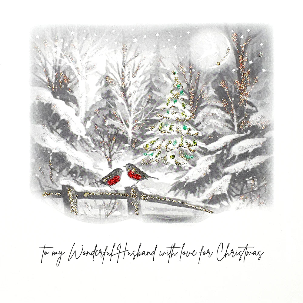 Five Dollar Shake -Wonderful Husband Robins in Forest Christmas Card