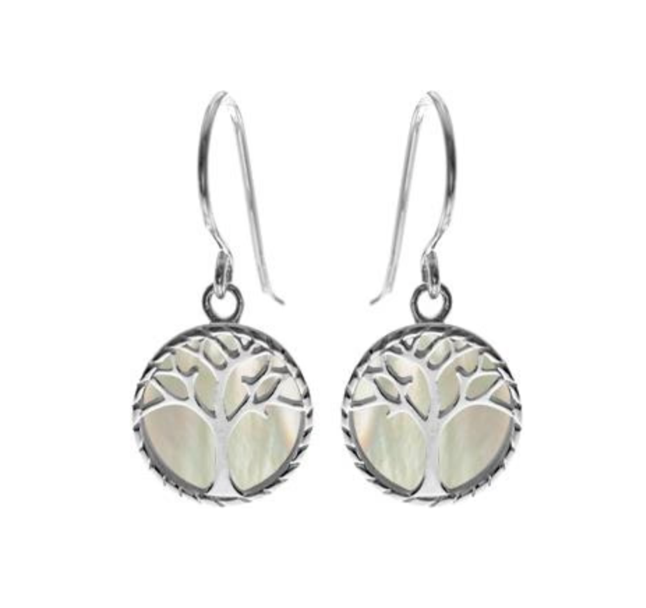 Kali Ma Disc Tree of Life Mother Of Pearl Drop Earrings - Sterling 925 Silver