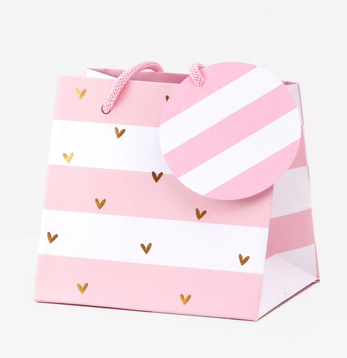 Belly Button Pink Stripe & Gold Foil Hearts Wide Mug Gift Bag - Small