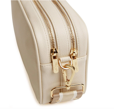 Alice Wheeler Pastel Cream Soho Double Zipped Crossbody Bag with Stripe Bag Strap