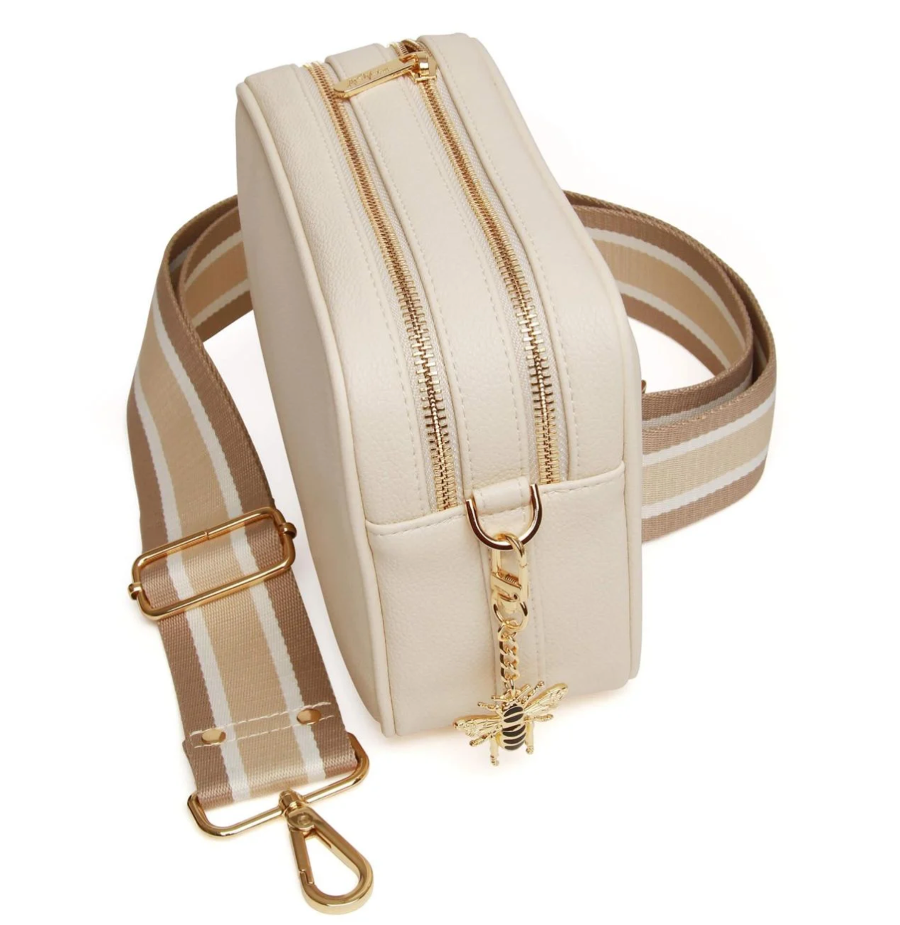 Alice Wheeler Pastel Cream Soho Double Zipped Crossbody Bag with Stripe Bag Strap