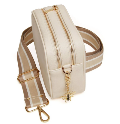 Alice Wheeler Pastel Cream Soho Double Zipped Crossbody Bag with Stripe Bag Strap