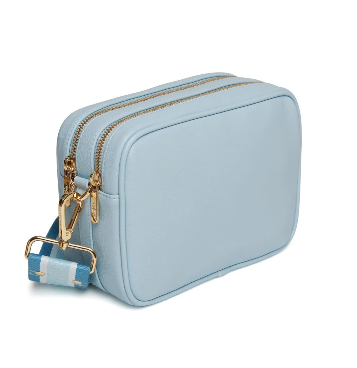 Alice Wheeler Pastel Blue Soho Double Zipped Crossbody Bag with Stripe Bag Strap