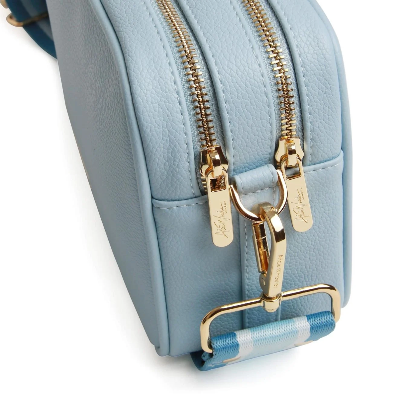 Alice Wheeler Pastel Blue Soho Double Zipped Crossbody Bag with Stripe Bag Strap