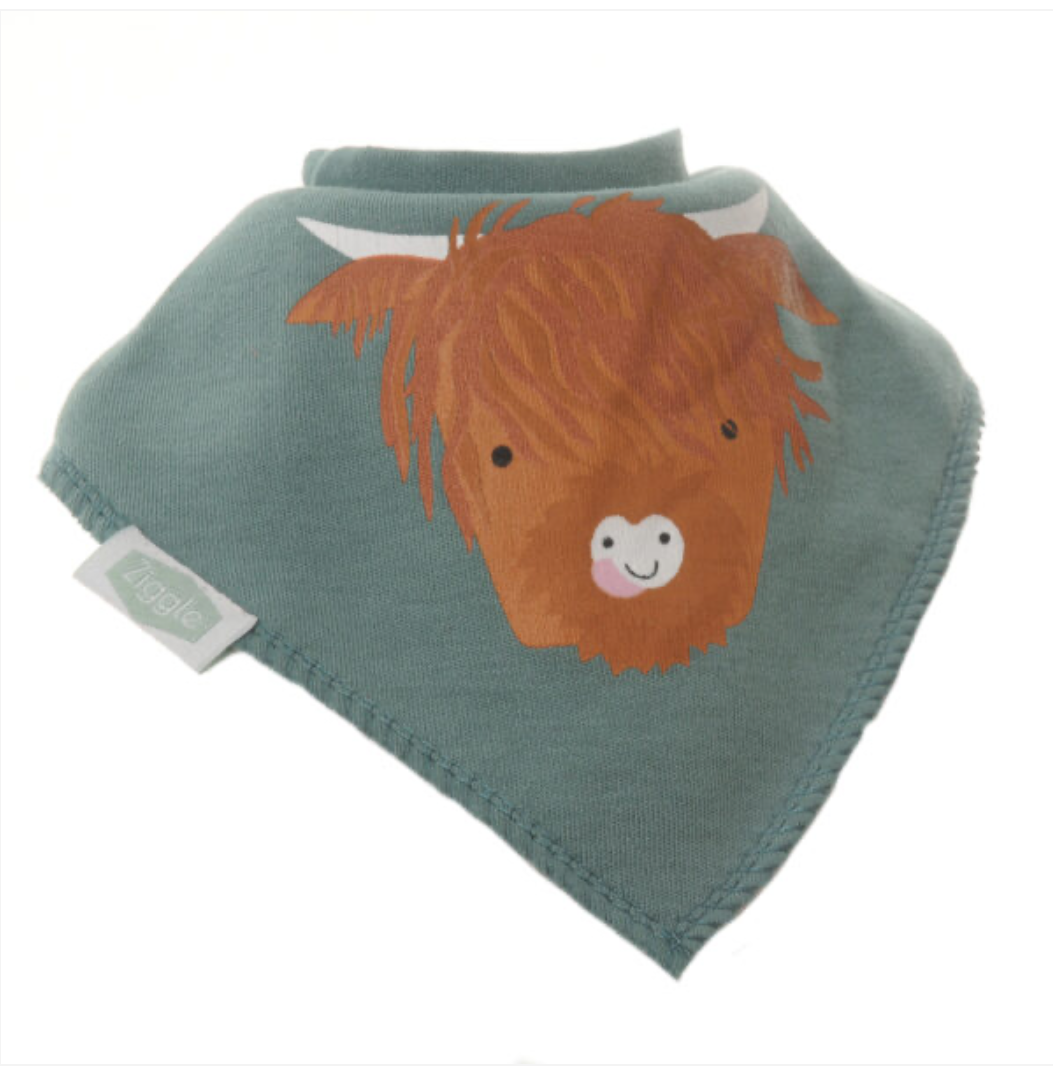 Ziggle Highland Cow Dribble Bib - Teal Green