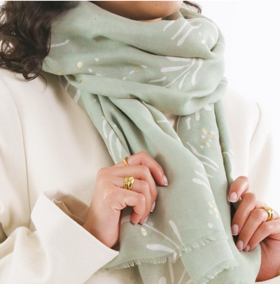 Katie Loxton Foil Print Scarf -Mistletoe - Sage Green/Off White/Gold