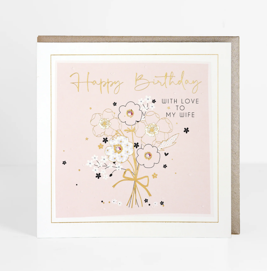Happy Birthday With Love to My Wife Floral Bouquet Card - Belly Button Signature