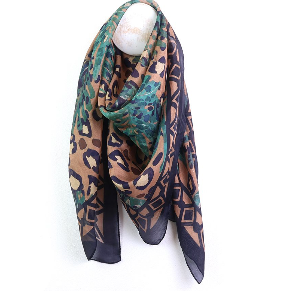 POM - Camel, Navy &amp; Teal Mix Botanical &amp; Animal Print - Square 100% Silk Scarf