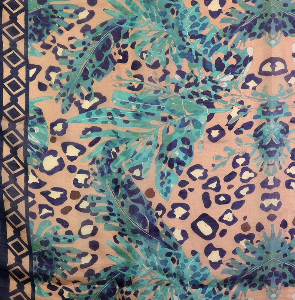 POM - Camel, Navy &amp; Teal Mix Botanical &amp; Animal Print - Square 100% Silk Scarf