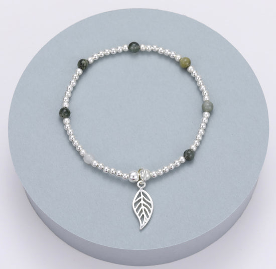 Gracee Jewellery Beaded Green & Grey Tone & Silver Leaf Bracelet -  Silver