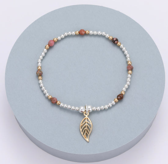 Gracee Jewellery Beaded Pink Tourmaline & Mixed Metal Leaf Bracelet -  Silver/Gold