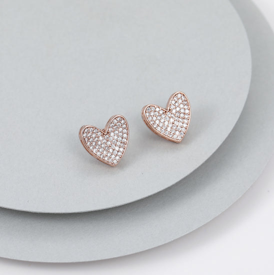Gracee Jewellery Large Pave Crystal Heart Stud Earrings - Rose Gold