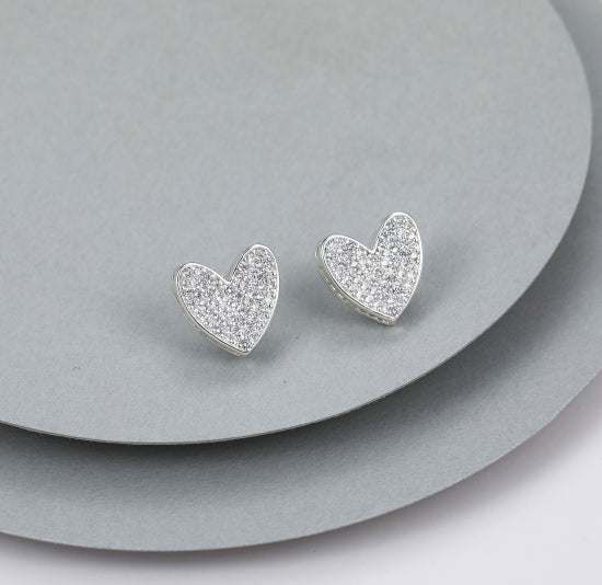 Gracee Jewellery Large Pave Crystal Heart Stud Earrings - Silver