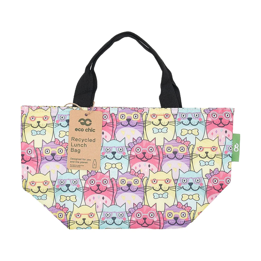 Eco Chic Lightweight Foldable Lunch Bags - Cats Glasses Print - Multi